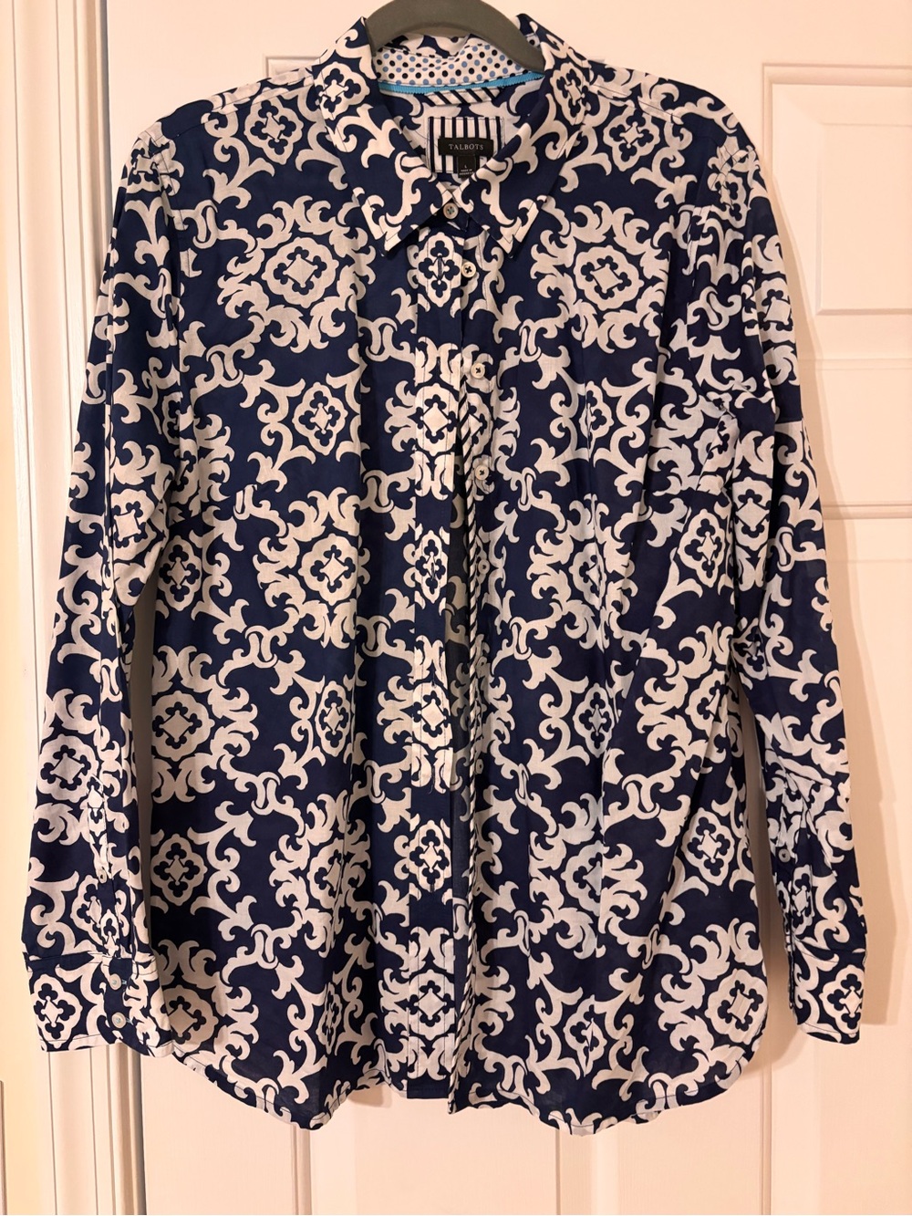 Talbots Navy and White Printed Button-Front Blazer Shirt
